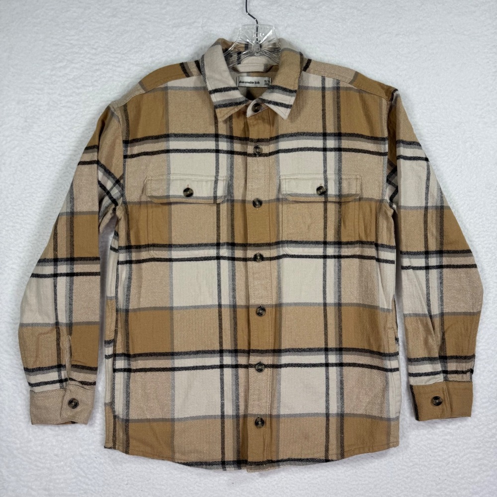 Abercrombie Kids Plaid‎ Flannel Shirt Button Up Tan Black Girls 13/14